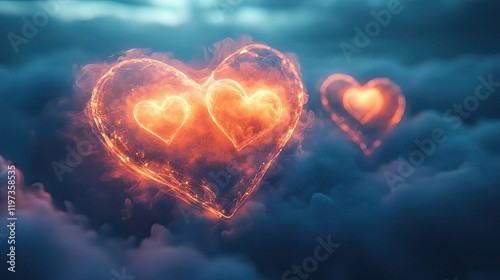 Fiery Heart Shapes Embracing In Smoky Clouds