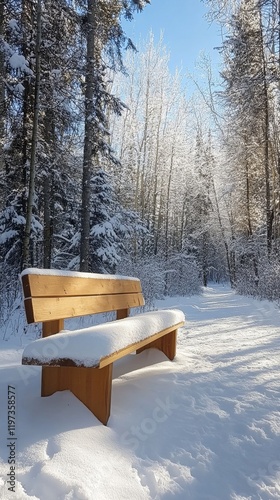 Winter sunset casts golden light on a snowy bench in a tranquil forest setting