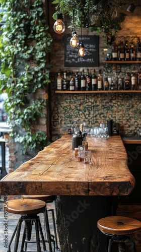 Rustic wooden bar with metal stools and a variety of drinks in a cozy establi...