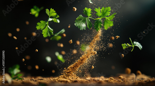 Fototapeta Naklejka Na Ścianę i Meble -  Vibrant Green Coriander Leaves Jumping in a Burst of Flavor and Earthy Spice, Captured in Dynamic Motion Against a Soft Focus Background of Earthy Tones