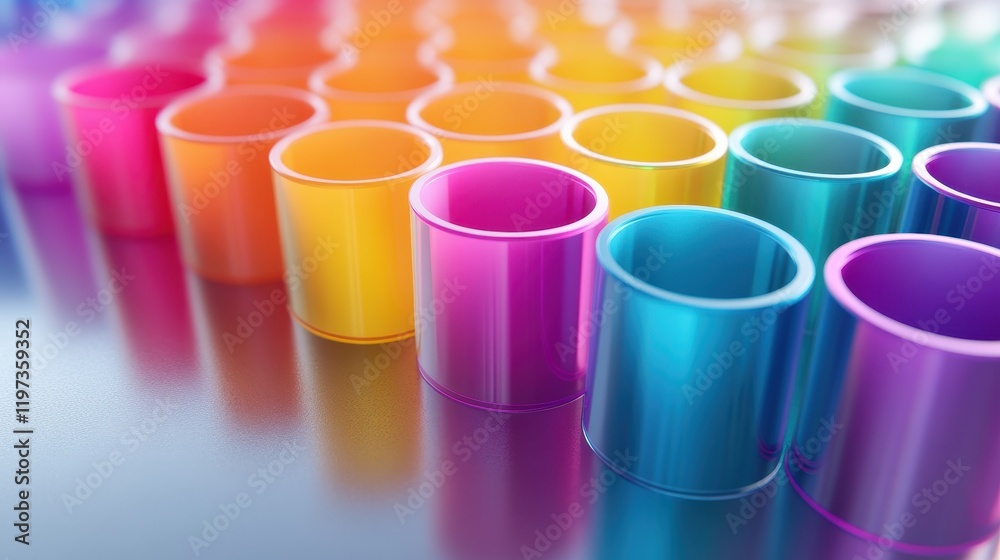 Rows of colorful polymer samples, arranged on a clean metallic surface, their smooth, glossy surfaces reflecting bright light, captured in sharp, vibrant detail. Rows of colorful polymer samples, arranged on a clean metallic surface, their smooth, glossy surfaces reflecting bright light, captured in sharp, vibrant detail.