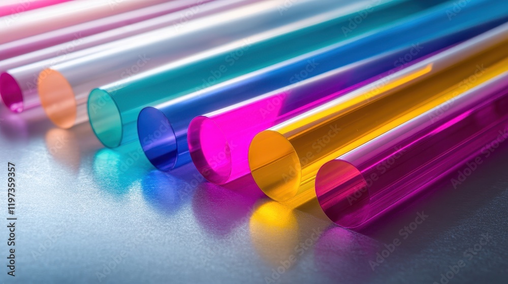 Rows of colorful polymer samples, arranged on a clean metallic surface, their smooth, glossy surfaces reflecting bright light, captured in sharp, vibrant detail. Rows of colorful polymer samples, arranged on a clean metallic surface, their smooth, glossy surfaces reflecting bright light, captured in sharp, vibrant detail.