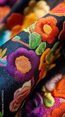 Colorful floral embroidery on fabric showcasing intricate craftsmanship and v...