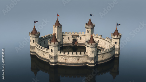 A ring-shaped fortress surrounded by a moat, with towers rising from the outer walls photo