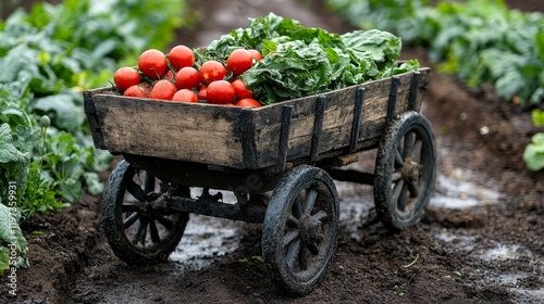Rustic cart filled with fresh tomatoes and lettuce in a vegetable garden