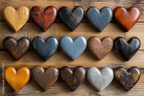 Decorative wooden heart shapes arranged on a rustic wooden background showcas...