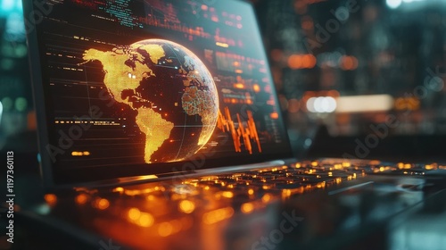 Wallpaper Mural Close up of laptop computer with glowing money transfer globe on blurry background. Currency and stock exchange concept. Double exposure Torontodigital.ca