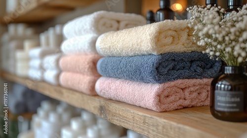 Cozy spa setting with neatly stacked towels and lush greenery in a serene env...