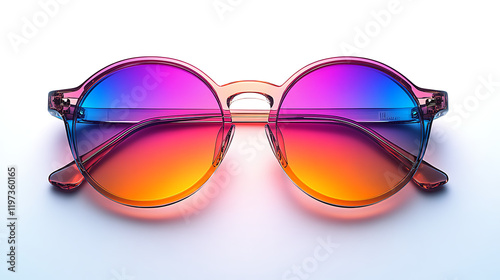 Colorful round sunglasses with gradient lenses placed on a smooth surface, showcasing vibrant hues photo