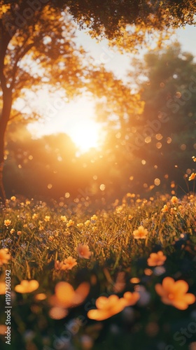 Sunset over a meadow filled with wildflowers and warm golden light on a seren...