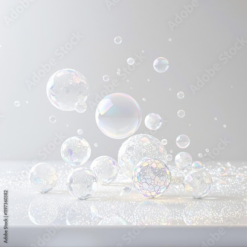 Abstract white foam bubbles arrangement on a clean surface, close-up, random, art, bubblescape photo