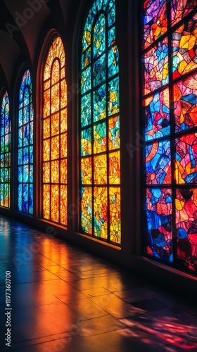 Colorful stained glass windows illuminate a historic building interior during...