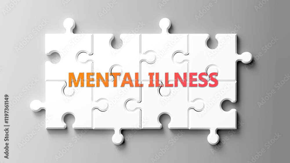 Φωτογραφία Mental Illness complex like a puzzle - pictured as word mental illness on a puzzle pieces to show that mental illness is complex and needs cooperating pieces that fit together