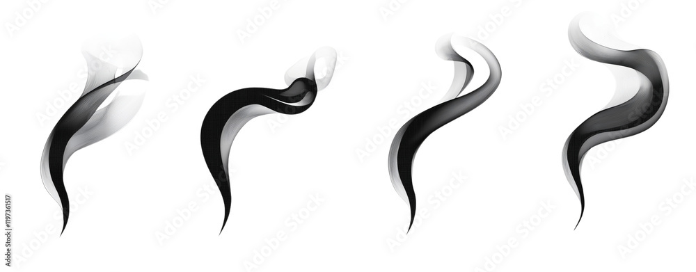 A set of vector illustrations with simple shapes and doodles in green, beige, and gray colors on a white background. - 4 vector icons of black smoke on a white background (2) A set of vector illustrations with simple shapes and doodles in green, beige, and gray colors on a white background. - 4 vector icons of black smoke on a white background (2)
