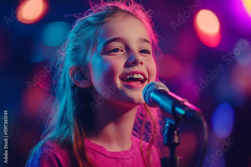 Young girl singing passionately on stage with bright lights in the background...