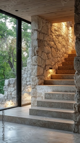 Stone staircase leading to a brightly lit window in a rustic interior setting