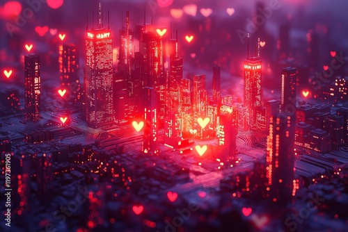 valentine's day, New York City from above, with red glowing hearts in the background