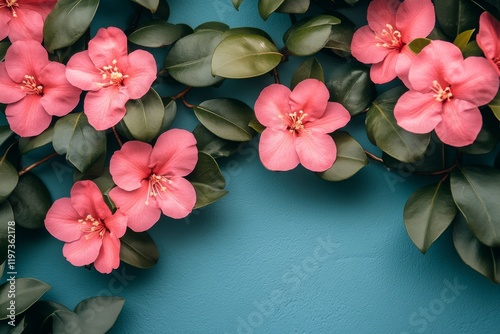 Pink flowers blooming against a teal background showcasing vibrant natural be...