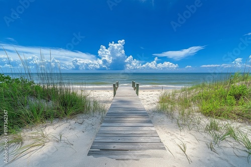 Wooden dock extending over tranquil blue waters on a sunny day near a sandy b...