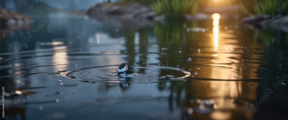 A water droplet reflected on the surface of a calm lake, dewy scene, microcosm, clarity A water droplet reflected on the surface of a calm lake, dewy scene, microcosm, clarity