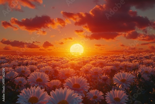 Stunning sunset over a field of daisies with colorful clouds in the background
