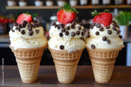 Delicious ice cream cones topped with strawberries and chocolate chips served...