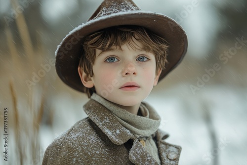 Snowy day portrait of a young boy wearing a hat and winter coat in a natural ...