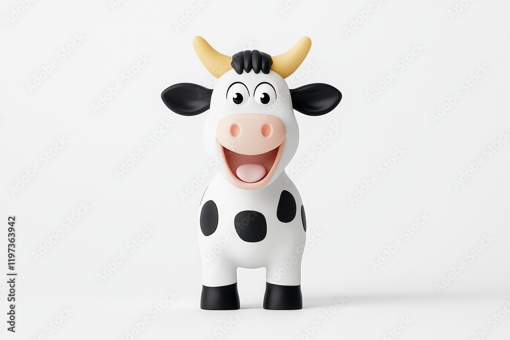 A cheerful cartoon cow featuring a broad grin and black spots. A cheerful cartoon cow featuring a broad grin and black spots.