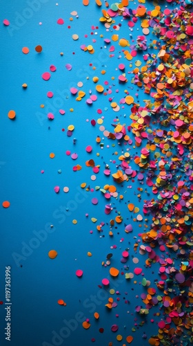 Colorful confetti scattered on a vibrant blue background creating a festive a...