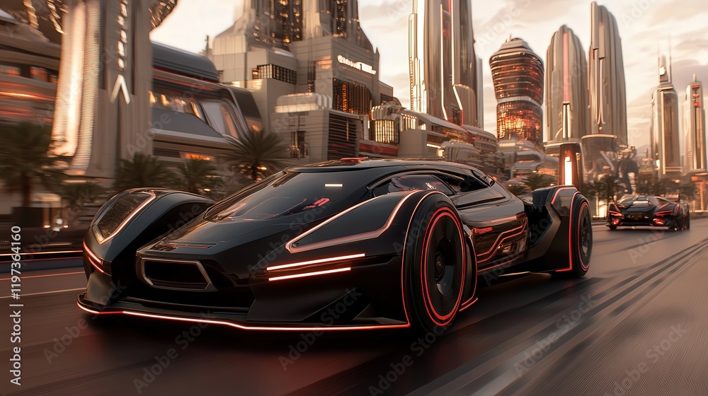 Obraz premium Sleek Black Vehicle Navigating Bustling Urban Street with Skyscrapers and Lively Pedestrians Creating Dynamic City Life Atmosphere at Dusk