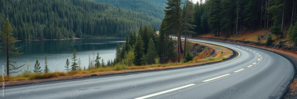 A stretch of asphalt winding through a dense forest near the lake, woodland scenery, outdoor A stretch of asphalt winding through a dense forest near the lake, woodland scenery, outdoor