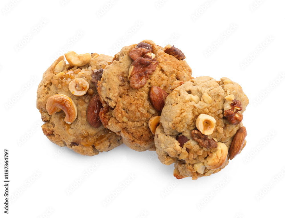 Tasty cookies with nuts isolated on white, top view