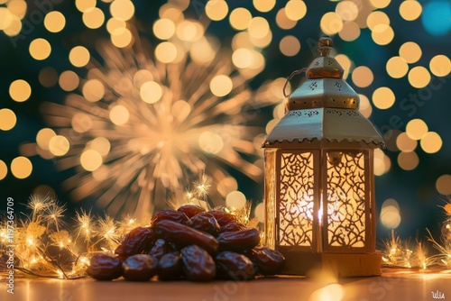 A lantern and dates on the table with golden lights in background for Ramadan concept 