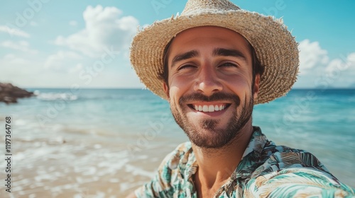 close-up shot of a good-looking male tourist. Enjoy free time outdoors near the sea on the beach. Looking at the camera while relaxing on a clear day Poses for travel selfies smiling happy tropical #1197364768