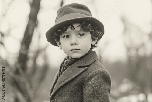 Snowy day portrait of a young boy wearing a hat and winter coat in a natural ...