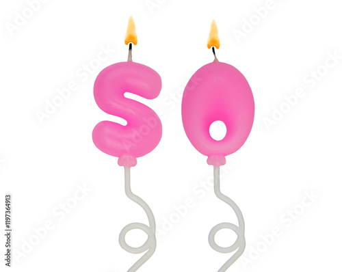 Burning pink air balloon shaped birthday candles isolated on white background. Number 50.