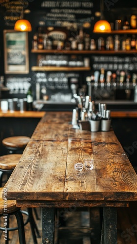 Rustic wooden bar with metal stools and a variety of drinks in a cozy establi...