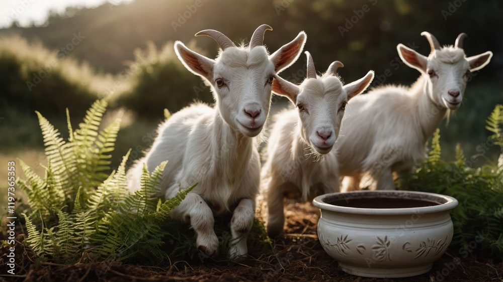 Three playful goats near a decorative pot surrounded by ferns in a sunlit setting. Three playful goats near a decorative pot surrounded by ferns in a sunlit setting.
