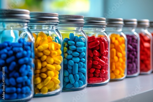 Colorful jars filled with assorted tablets and capsules on a shiny surface in...