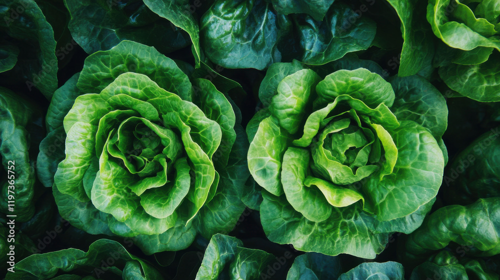 Fototapeta premium Fresh and Vibrant Green Lettuce Head Arrangement Organic Vegetables Perfect for Health Food, Cooking, and Culinary Uses in Natural Light Background