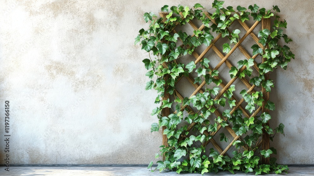 Fototapeta premium Wooden trellis adorned with green ivy against a white wall in a tranquil indoor setting