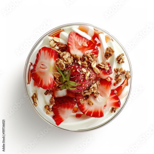 A refreshing Greek yogurt parfait layered with granola, fresh strawberries, and a drizzle of honey photo