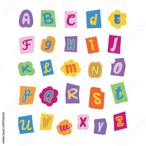 Cute Colorful Alphabet Letters Set with Fun and Playful Decorative Designs Ransom Note Style