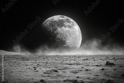 Moon's surface showing craters and texture under a clear night sky