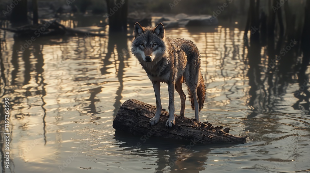 Wolf Standing on Submerged Tree Trunk Surrounded by Water at Dusk