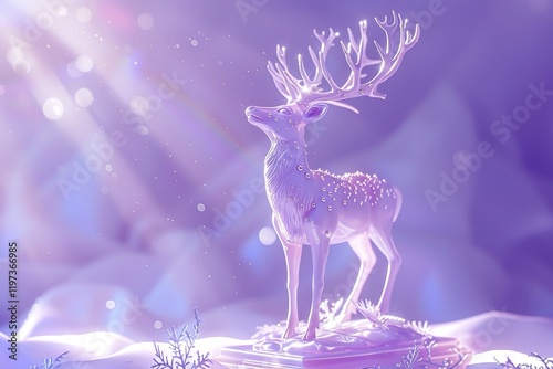 Holy light, crystal white deer, very detailed 3d animation,super clear, transparent, focusing light, optics, realism, Glazed pottery Christmas bell ornamentsred podium, pale violet background  photo