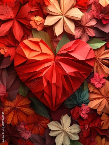 CÅur rouge en origami dans un dÃ©cor floral photo