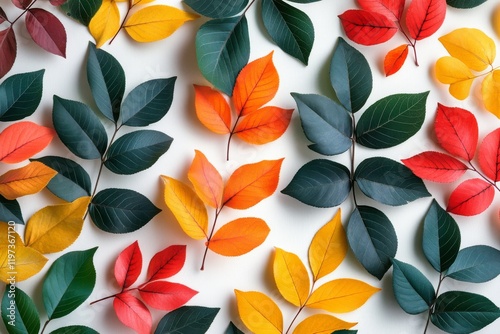 Colorful autumn leaves arranged on a white background showcasing seasonal div...
