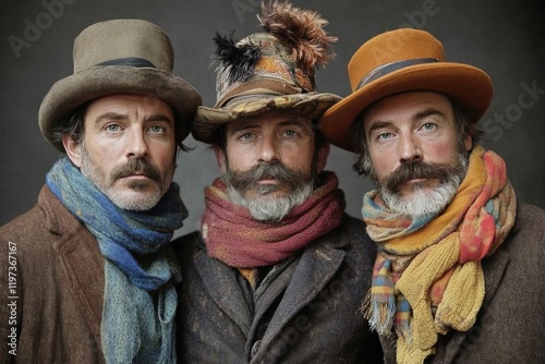 Three men posing together in stylish winter attire against a subtle backdrop