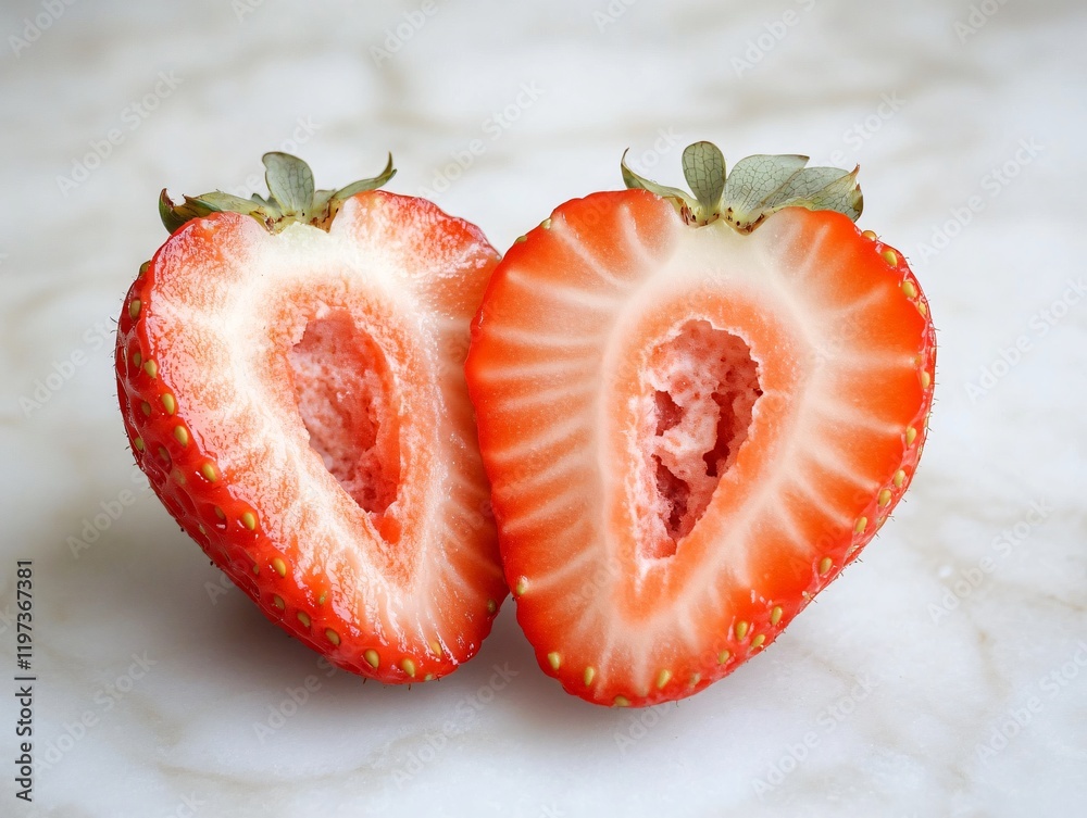 Juicy Halved Strawberries on Marble Background Juicy Halved Strawberries on Marble Background